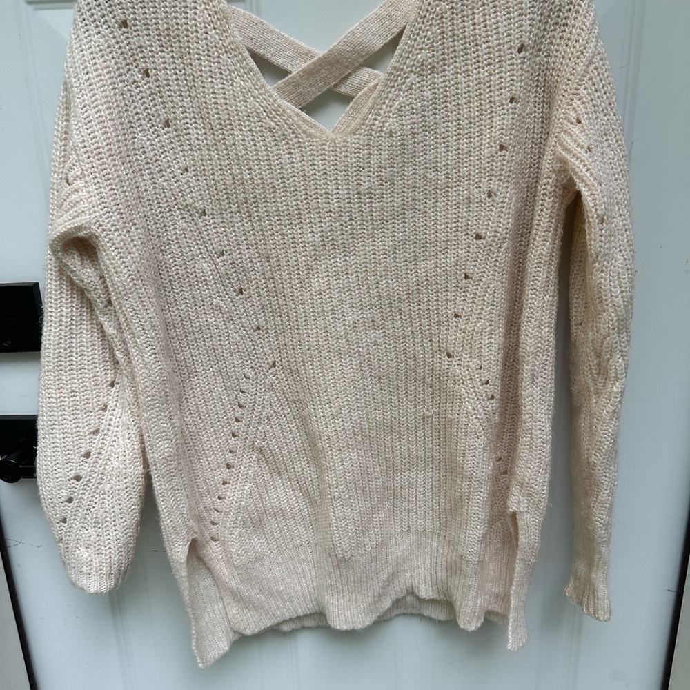 It's Our Time Cream V-Neck Sweater with Cross Back